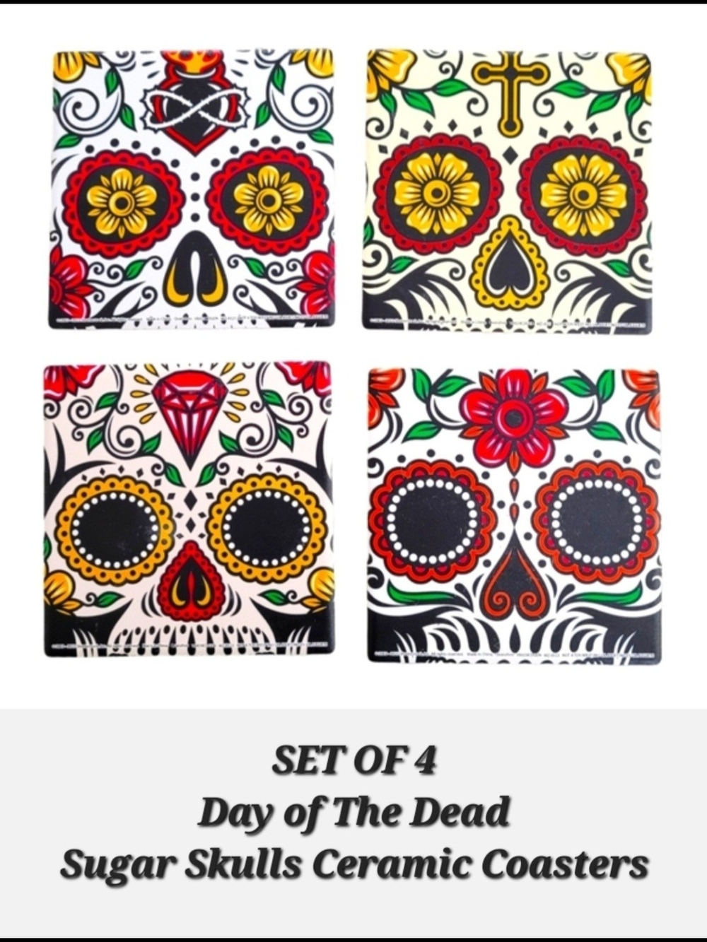 Day of the Dead Sugar Skull Ceramic Coasters - Dia de los Muertos Set Of 4